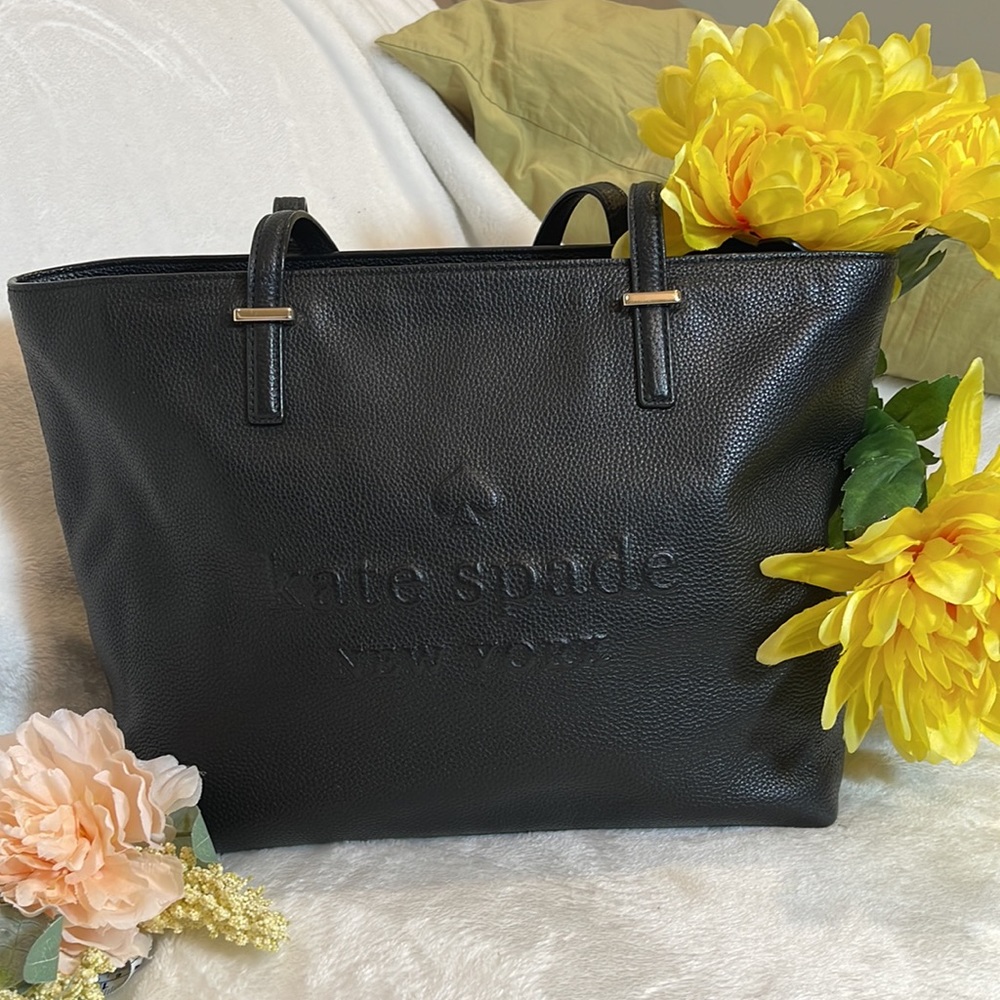 Kate Spade Larchmont Avenue Large Black Leather Tote with Large Embossed Logo